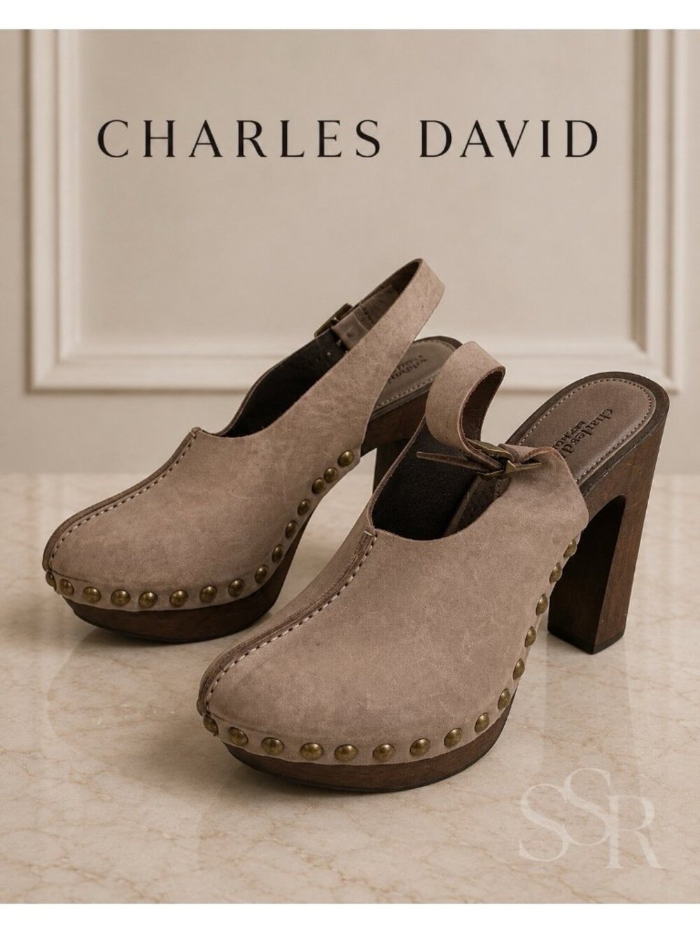 Charles David Picchio Taupe Leather Studded Slingback Platform Clog Wood Heel 11